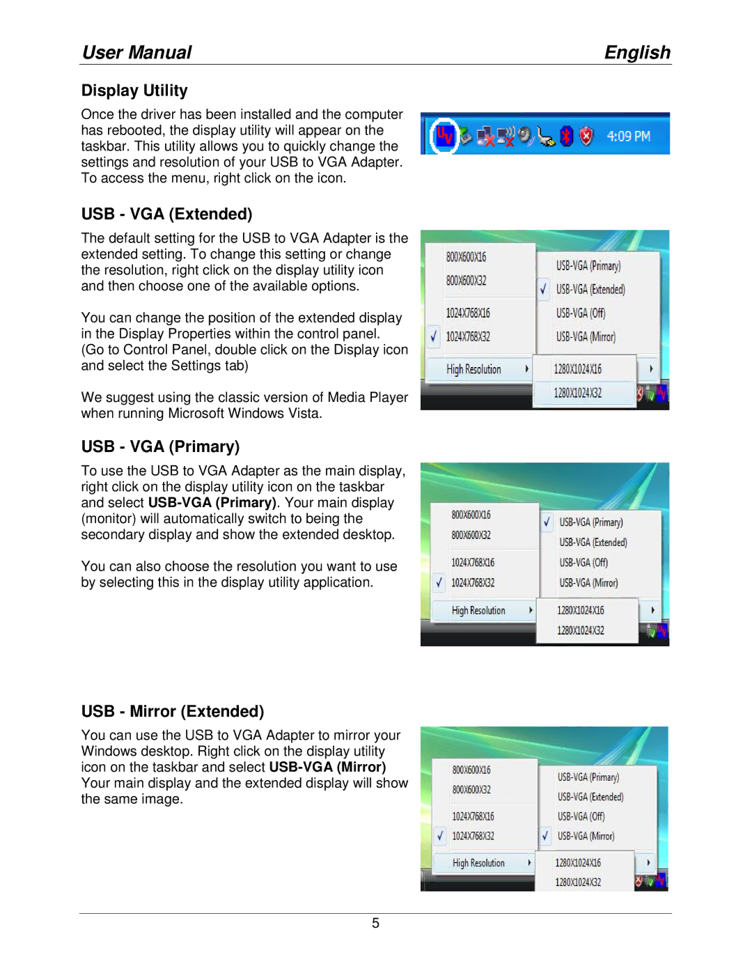 Lindy 42983 user manual Display Utility, USB VGA Extended, USB VGA Primary, USB Mirror Extended 