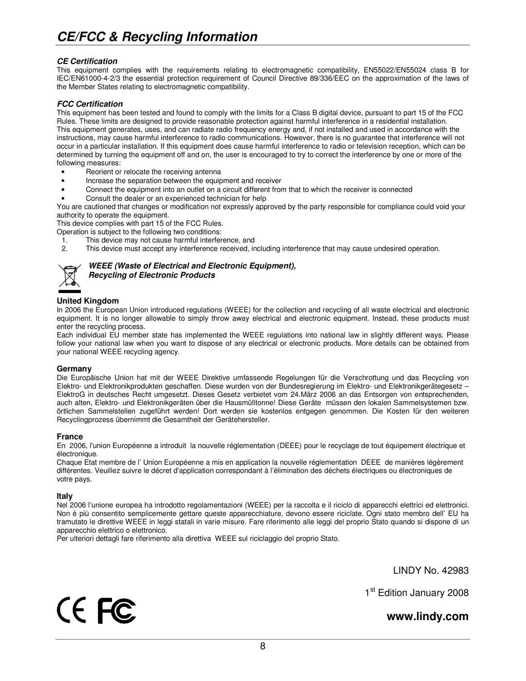 Lindy 42983 user manual CE/FCC & Recycling Information, CE Certification 