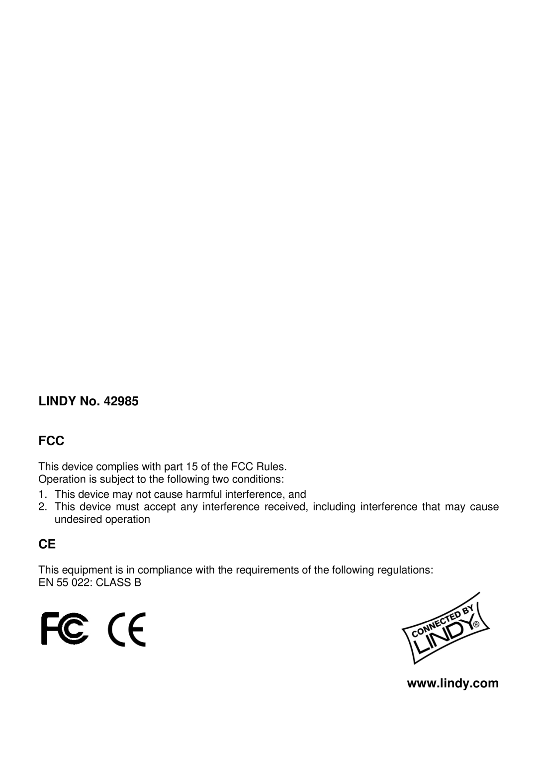 Lindy 42985 user manual Lindy No, Fcc 