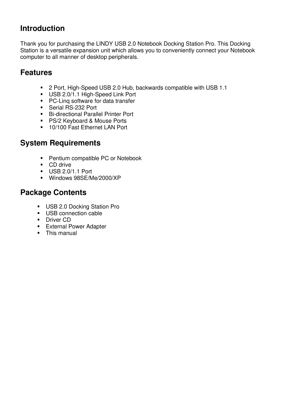 Lindy 42985 user manual Introduction, Features, System Requirements, Package Contents 