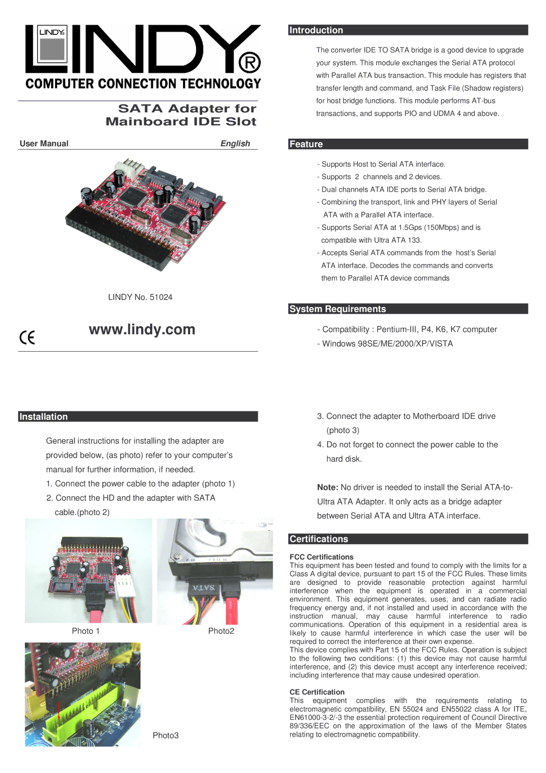 Lindy 51024 user manual Installation, Introduction, Feature, System Requirements, Certifications 