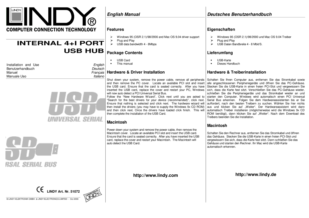 Lindy 51072 manual Internal 4+I Port USB HUB, English Manual Deutsches Benutzerhandbuch, Features Eigenschaften, Macintosh 