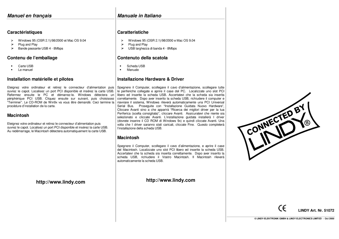 Lindy 51072 manual Manuel en français, Manuale in Italiano 