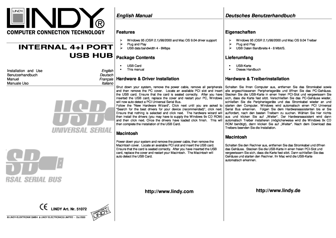 Lindy 51072 manual English Manual, Deutsches Benutzerhandbuch, Features, Eigenschaften, Package Contents, Lieferumfang 