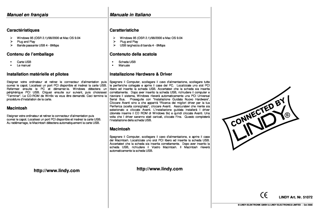 Lindy 51072 Manuel en français, Manuale in Italiano, Caractéristiques, Contenu de l’emballage, Caratteristiche, Macintosh 