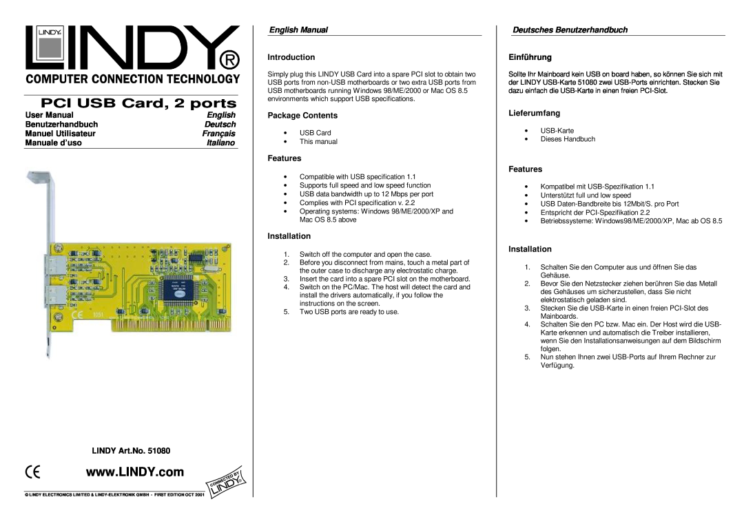 Lindy 51080 user manual Français, Italiano, English Manual, Deutsches Benutzerhandbuch, PCI USB Card, 2 ports 