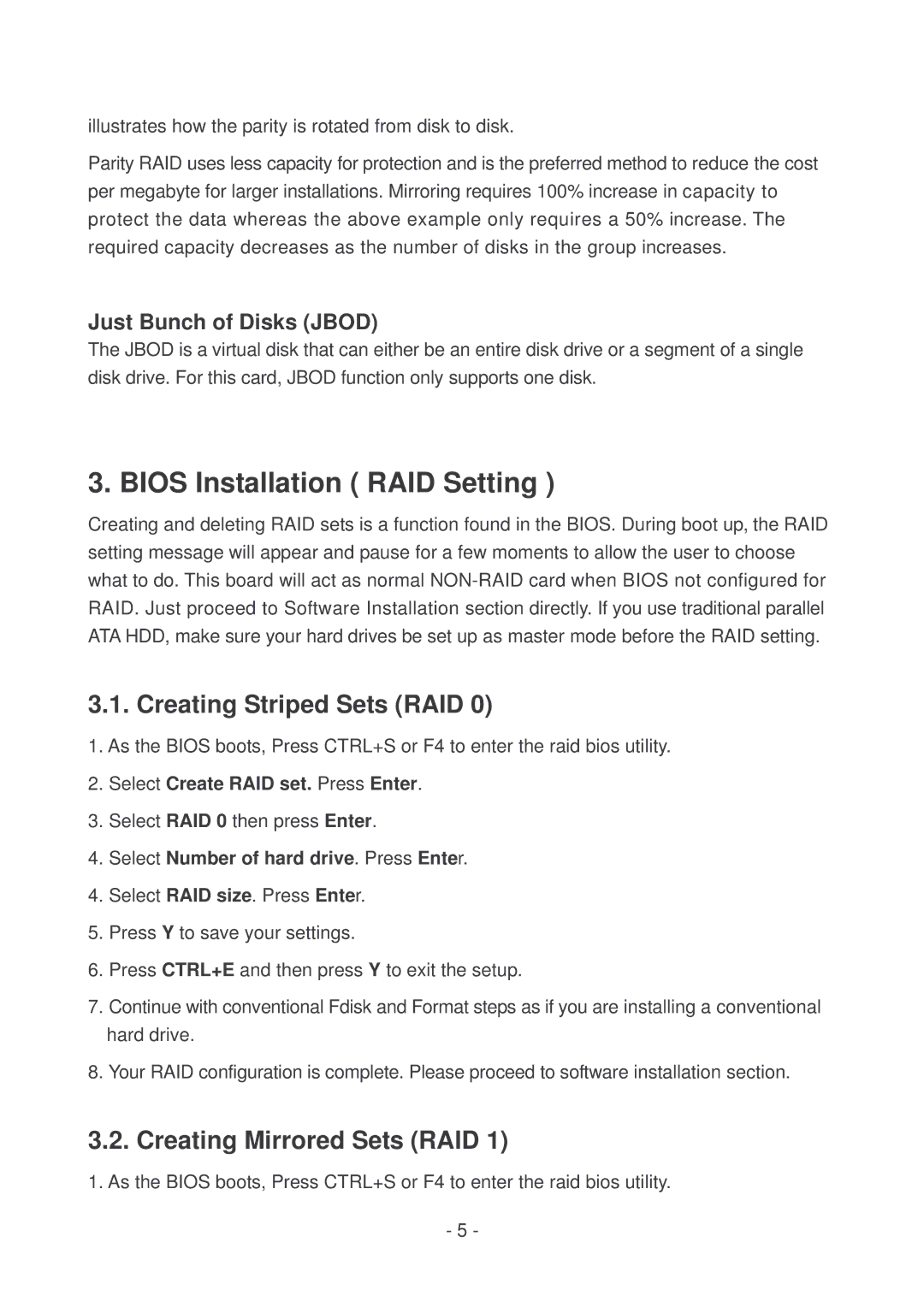 Lindy 51127 user manual Bios Installation RAID Setting, Creating Striped Sets RAID, Creating Mirrored Sets RAID 