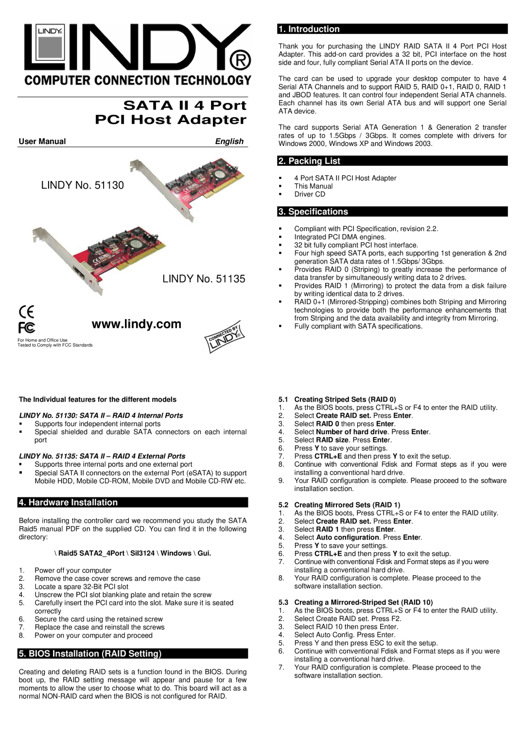 Lindy 51130 user manual Hardware Installation, Bios Installation RAID Setting, Introduction, Packing List, Specifications 