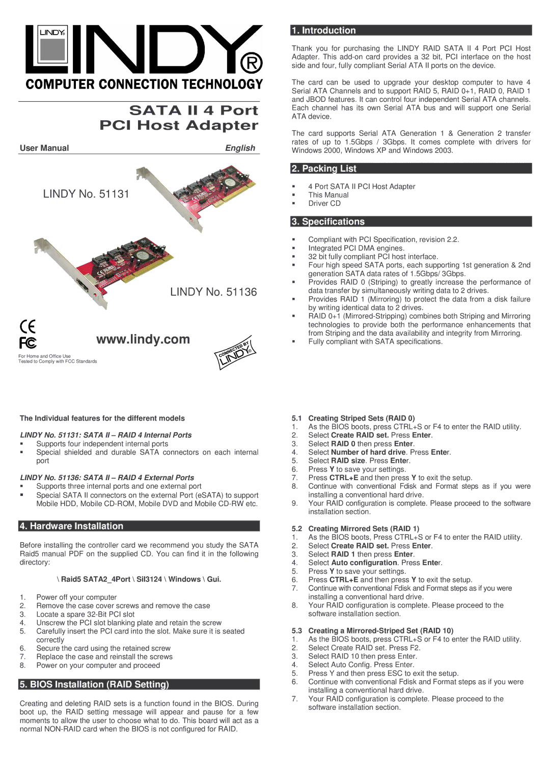 Lindy 51136 user manual Hardware Installation, Bios Installation RAID Setting, Introduction, Packing List, Specifications 