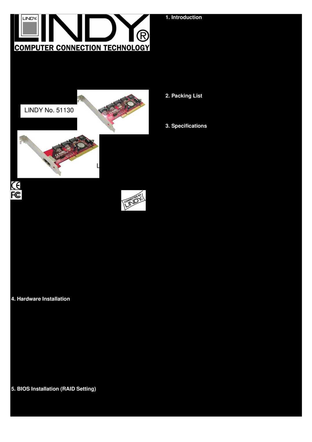 Lindy 51135 user manual Hardware Installation, BIOS Installation RAID Setting, Introduction, Packing List, Specifications 