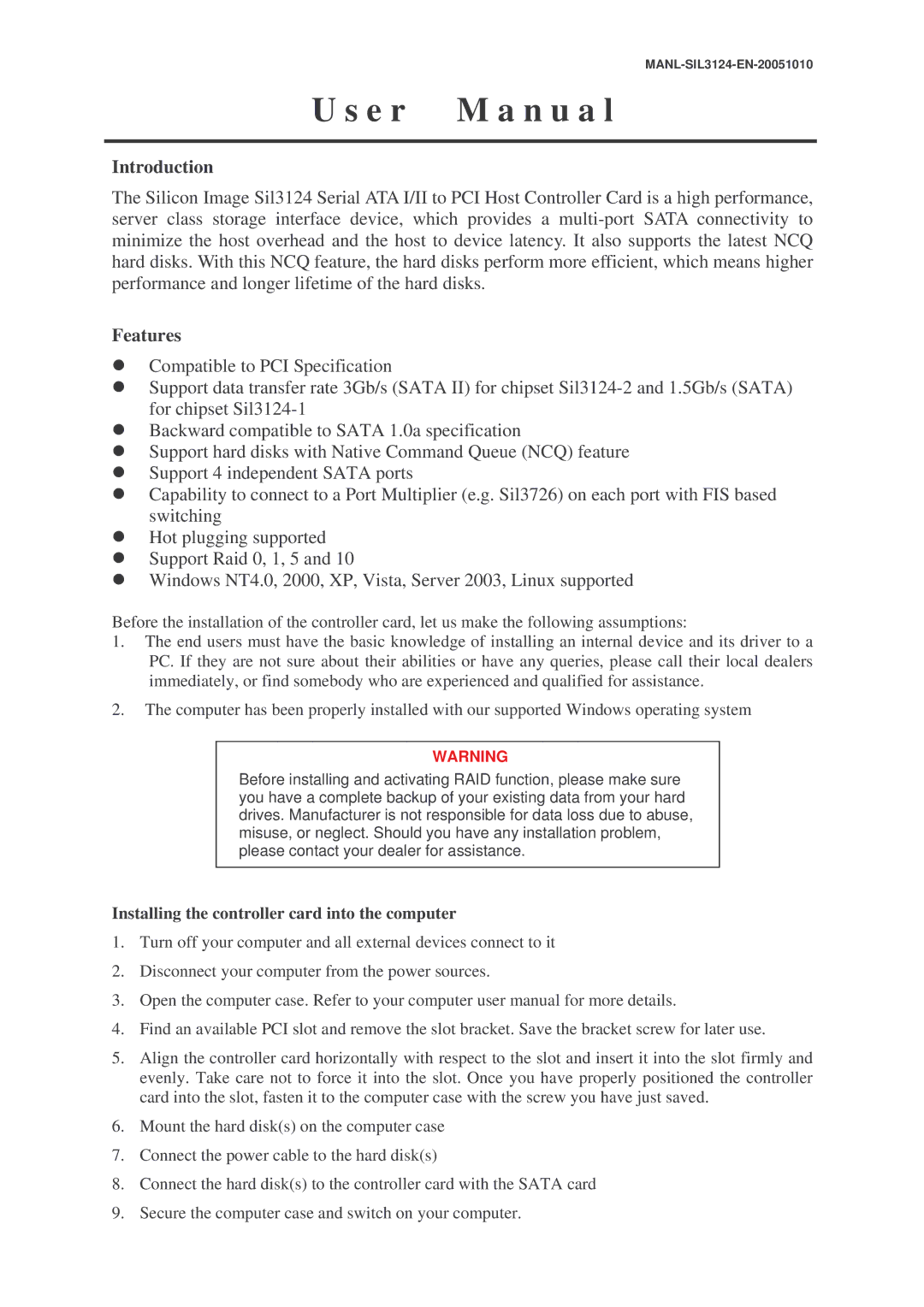 Lindy 51143 user manual Introduction, Features, Installing the controller card into the computer 