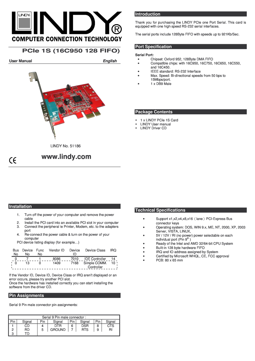Lindy 51186 technical specifications Installation, Pin Assignments, Introduction, Port Specification, Package Contents 