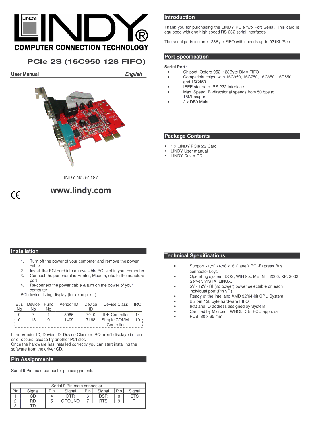 Lindy 51187 technical specifications Introduction, Port Specification, Installation, Pin Assignments, Package Contents 