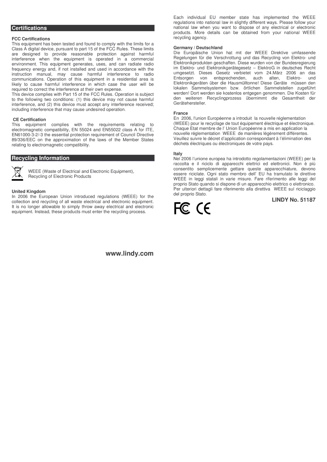 Lindy 51187 technical specifications Certifications, Recycling Information 