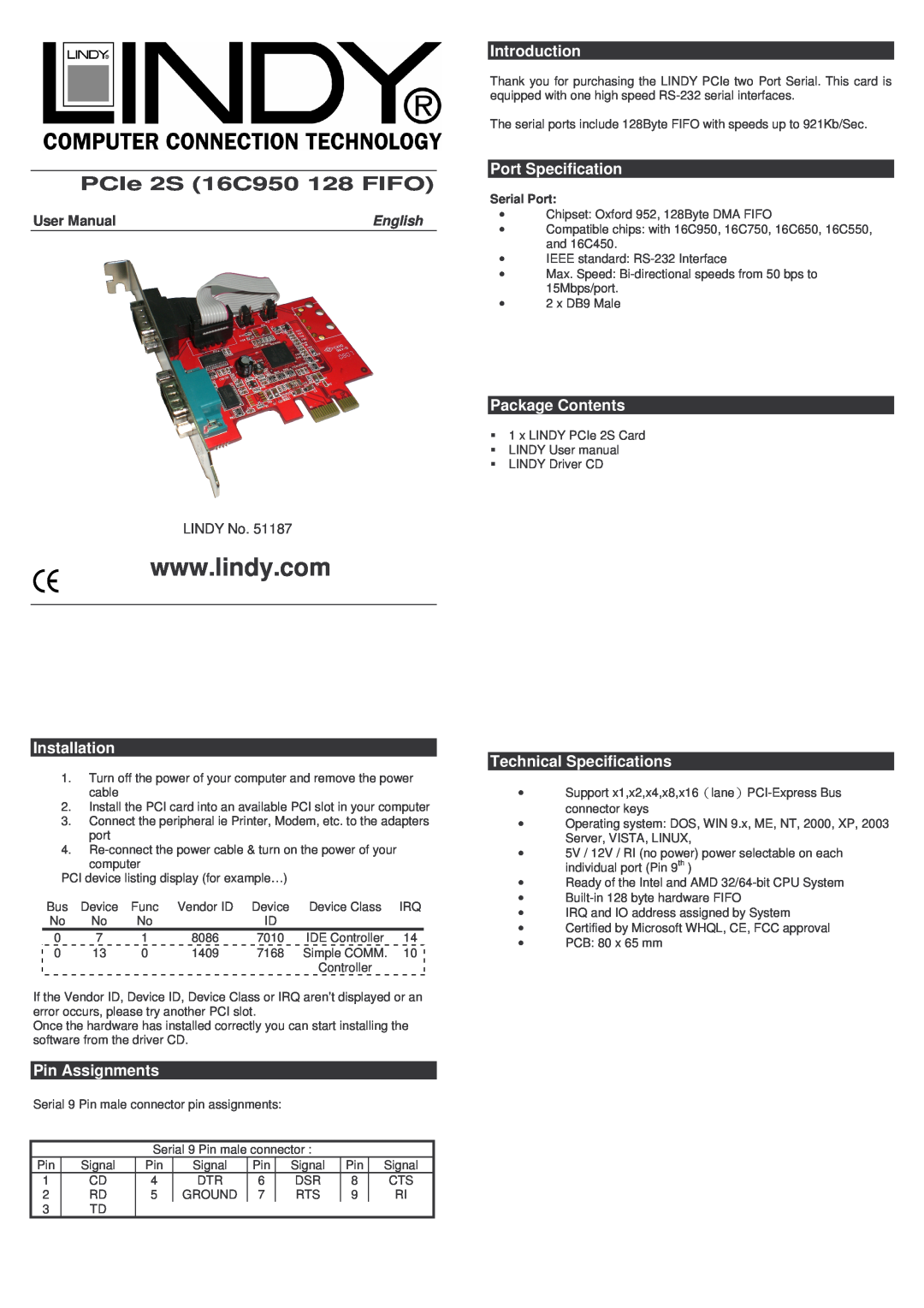 Lindy 51187 technical specifications Introduction, Port Specification, Installation, Pin Assignments, Package Contents 