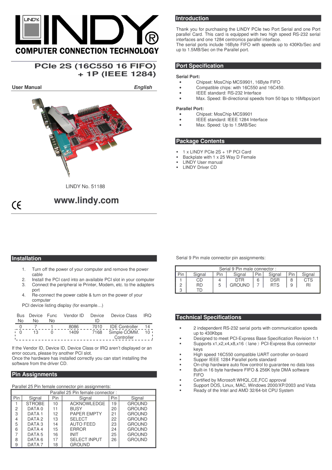 Lindy 51188 technical specifications Installation, Pin Assignments, Introduction, Port Specification, Package Contents 