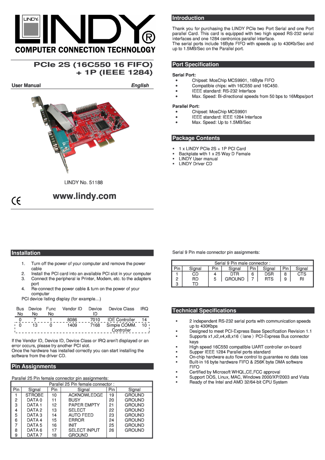 Lindy 51188 technical specifications Installation, Pin Assignments, Introduction, Port Specification, Package Contents 