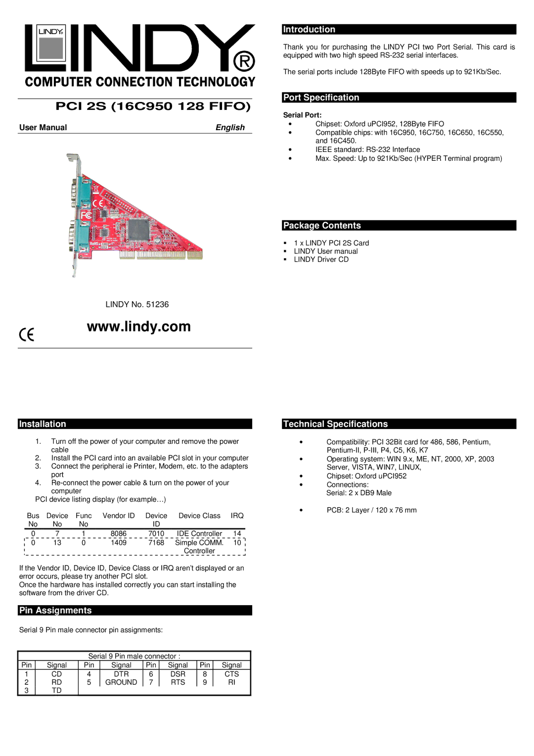 Lindy 51236 technical specifications Installation, Pin Assignments, Introduction, Port Specification, Package Contents 