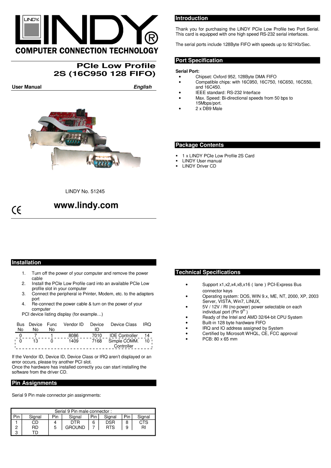 Lindy 51245 technical specifications Introduction, Port Specification, Installation, Pin Assignments, Package Contents 