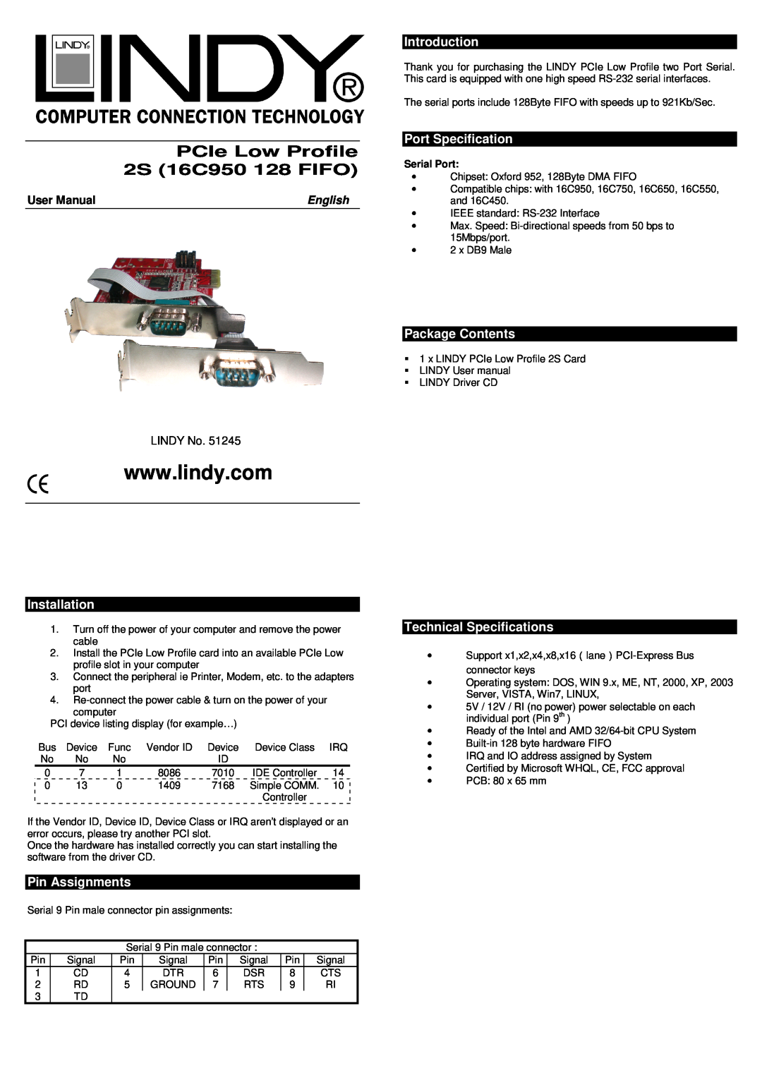 Lindy 51245 technical specifications Introduction, Port Specification, Installation, Pin Assignments, Package Contents 