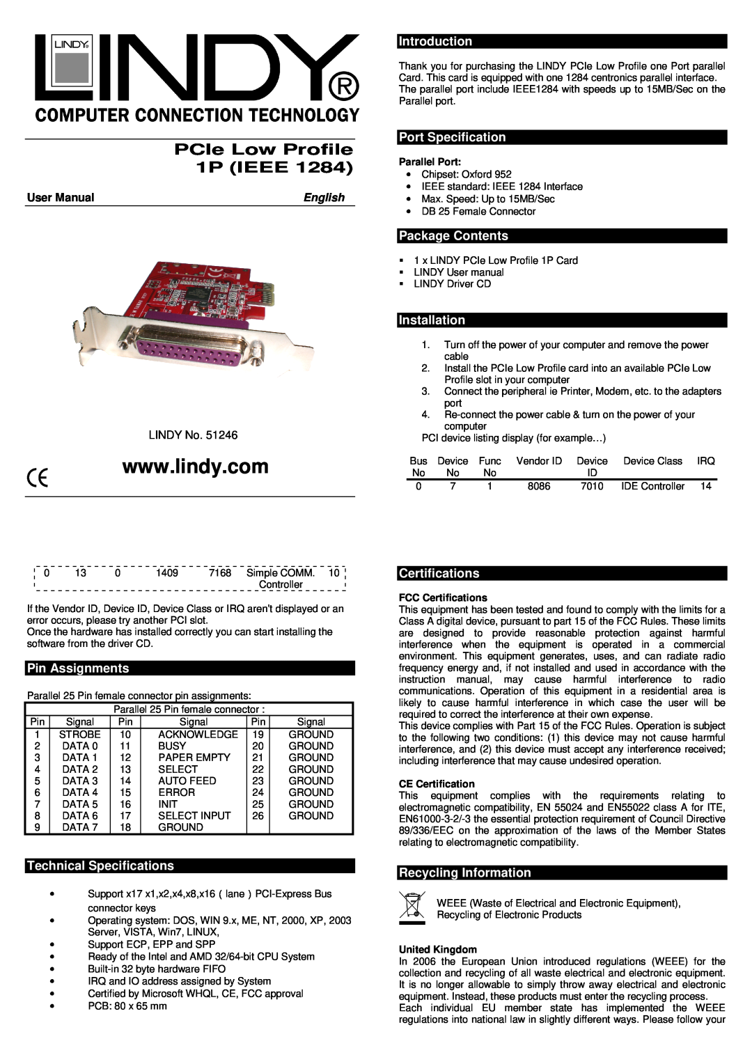 Lindy 51246 technical specifications Parallel Port, FCC Certifications, CE Certification, United Kingdom, Pin Assignments 