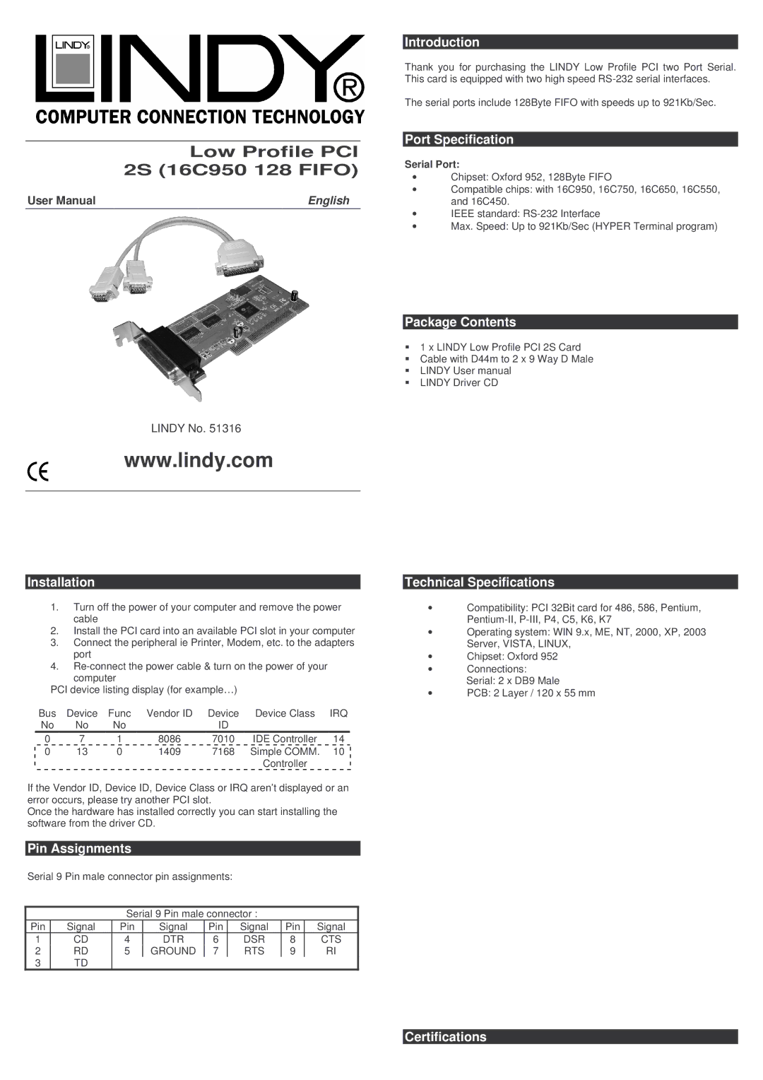 Lindy 51316 technical specifications Installation, Pin Assignments, Introduction, Port Specification, Package Contents 