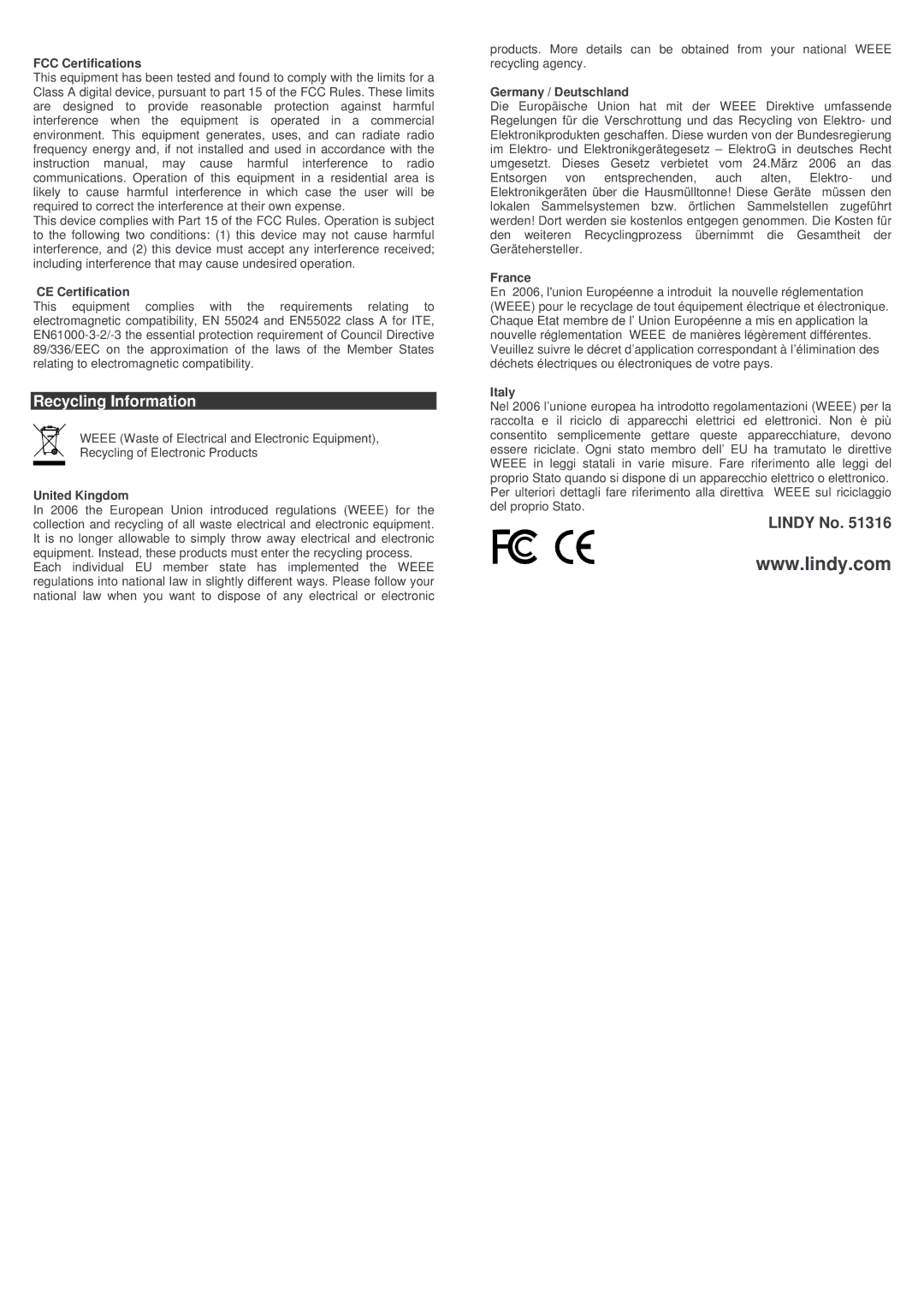 Lindy 51316 technical specifications Recycling Information 