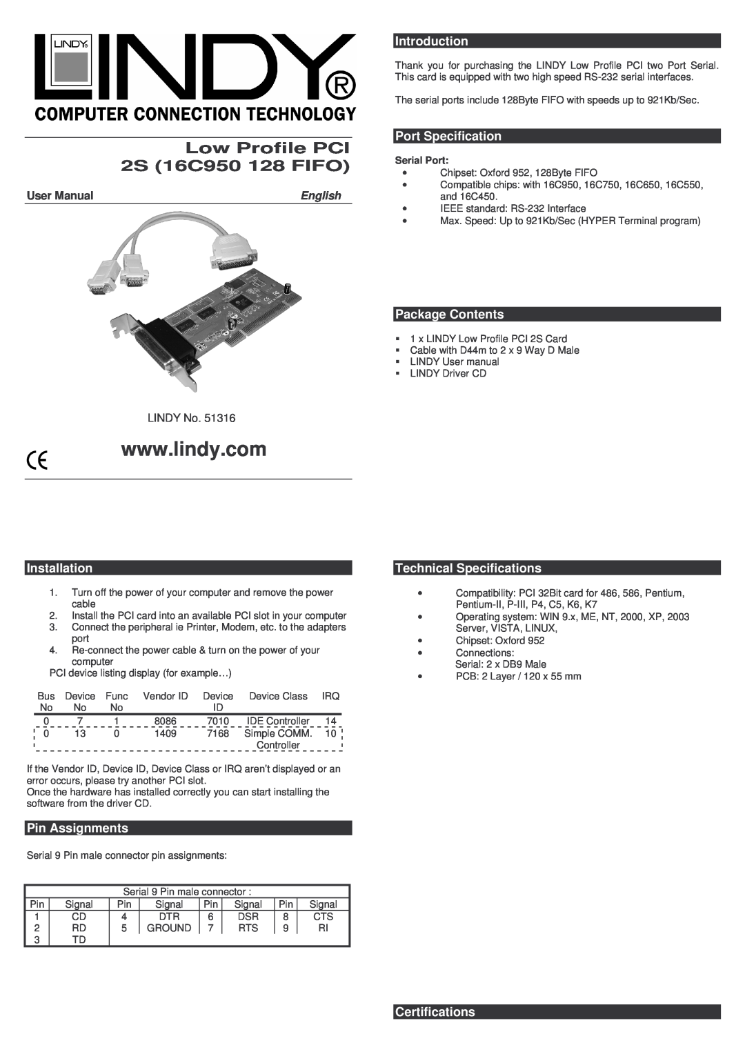 Lindy 51316 technical specifications Installation, Pin Assignments, Introduction, Port Specification, Package Contents 