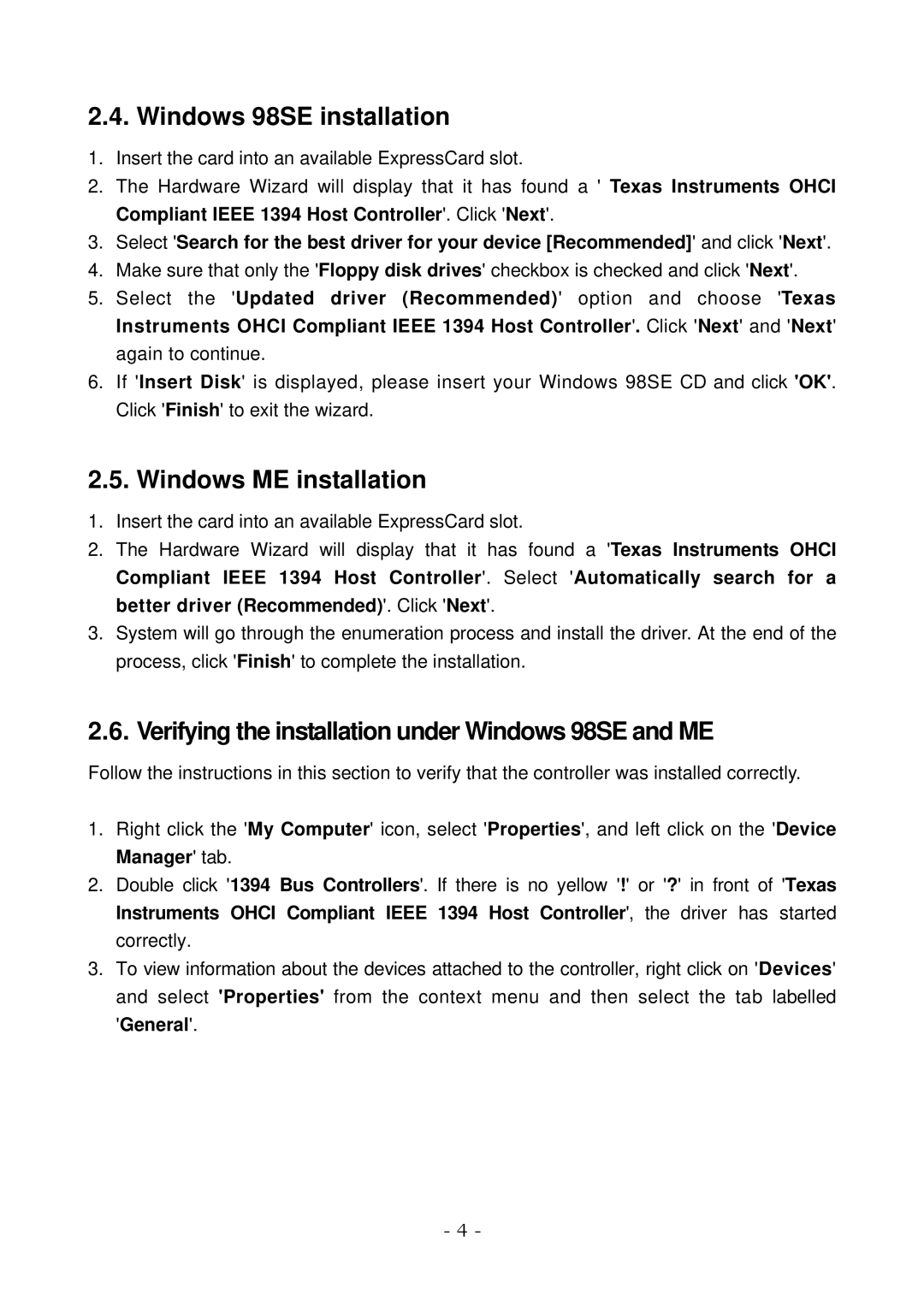 Lindy 51500 Windows 98SE installation, Windows ME installation, Verifying the installation under Windows 98SE and ME 