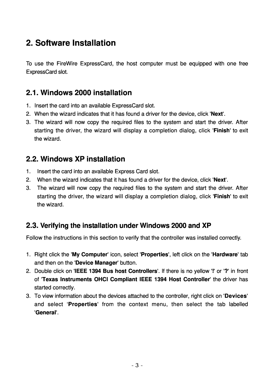Lindy 51500 user manual Software Installation, Windows 2000 installation, Windows XP installation 
