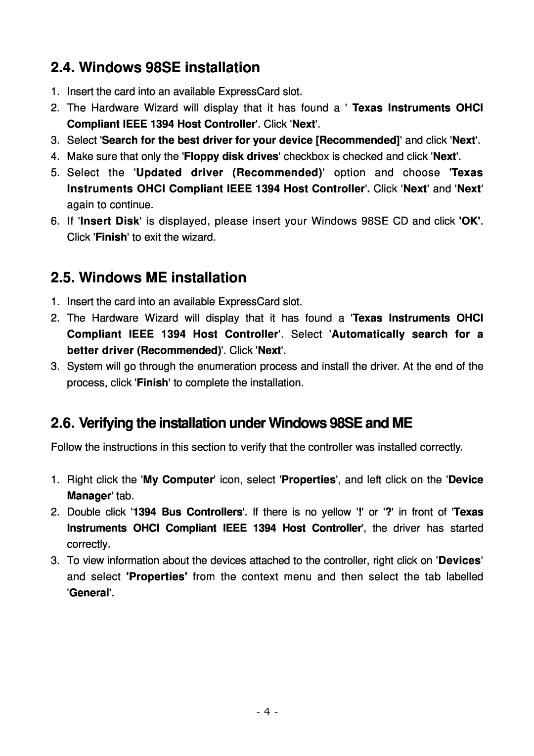Lindy 51500 Windows 98SE installation, Windows ME installation, Verifying the installation under Windows 98SE and ME 