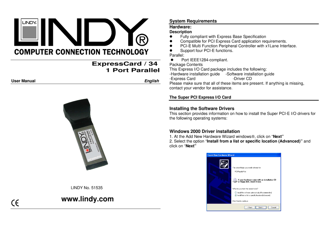 Lindy 51535 user manual System Requirements Hardware, Installing the Software Drivers, Windows 2000 Driver installation 