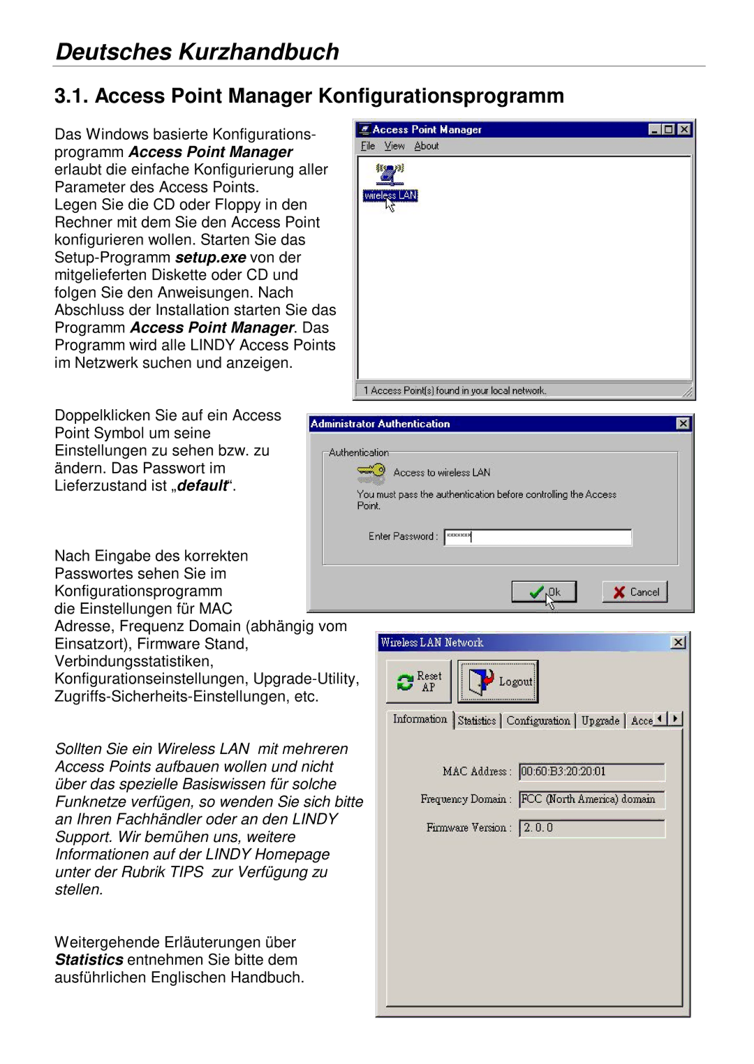 Lindy 52020, 52022 manual Access Point Manager Konfigurationsprogramm 