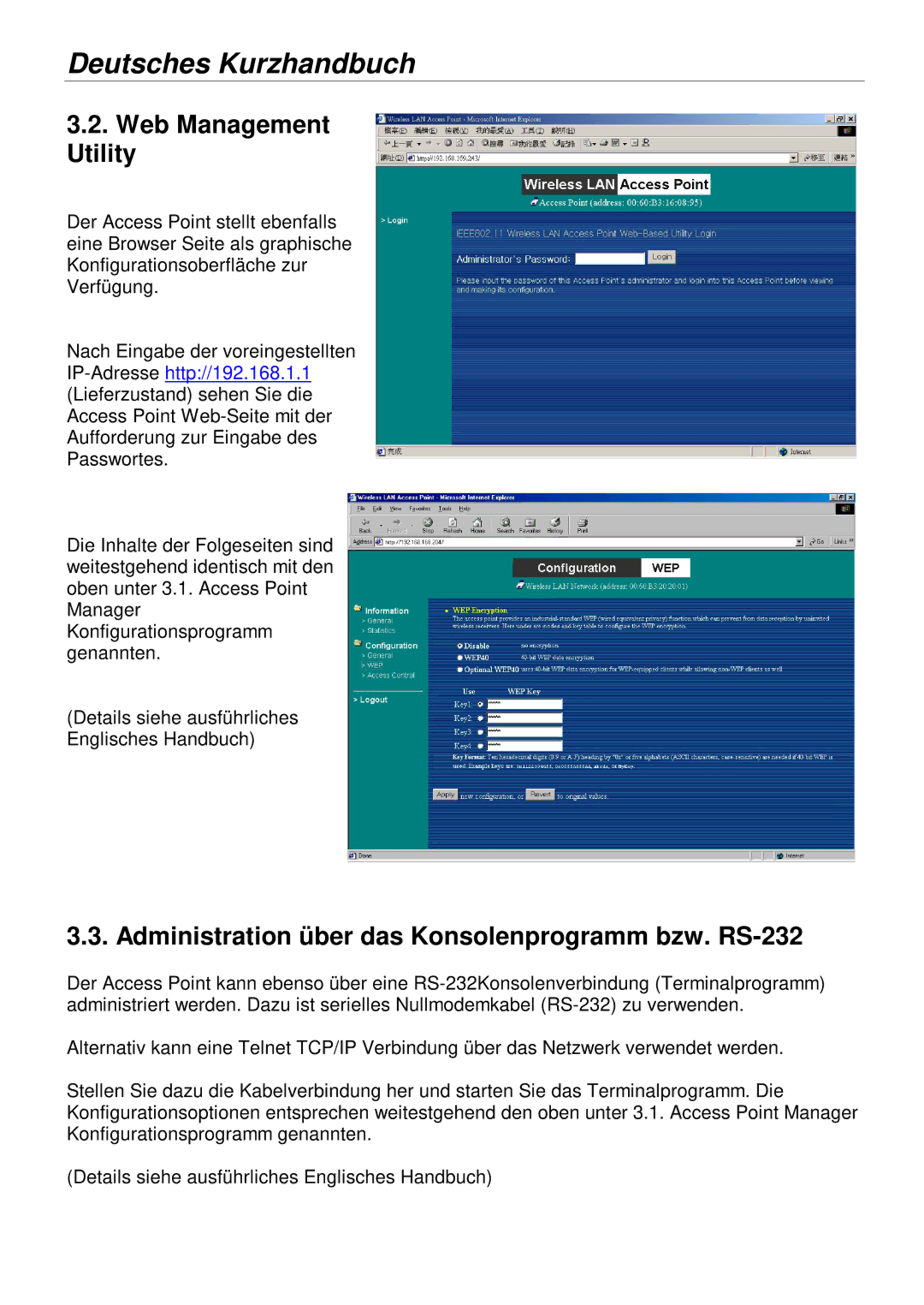 Lindy 52020, 52022 manual Web Management Utility, Administration ü ber das Konsolenprogramm bzw. RS-232 