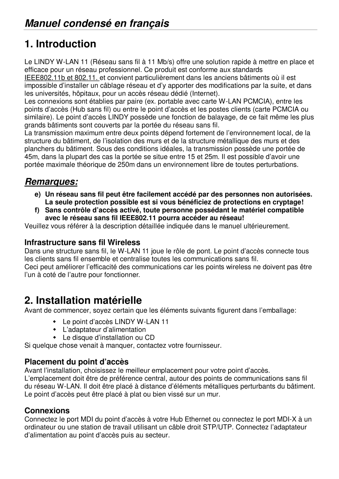 Lindy 52020, 52022 Manuel condensé en franç ais, Installation maté rielle, Infrastructure sans fil Wireless, Connexions 