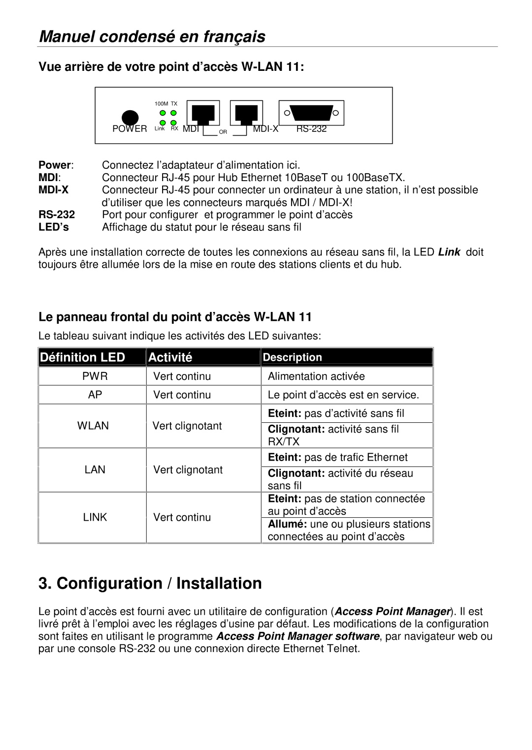 Lindy 52022, 52020 manual Vue arriè re de votre point d’accè s W-LAN, Le panneau frontal du point d’accè s W-LAN 