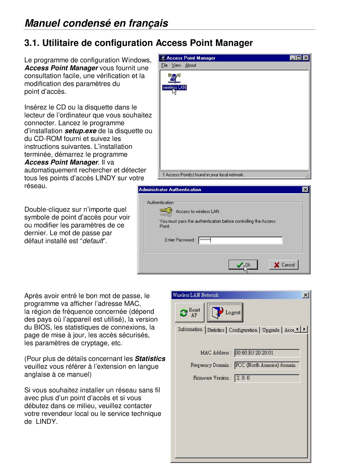 Lindy 52020, 52022 manual Utilitaire de configuration Access Point Manager 