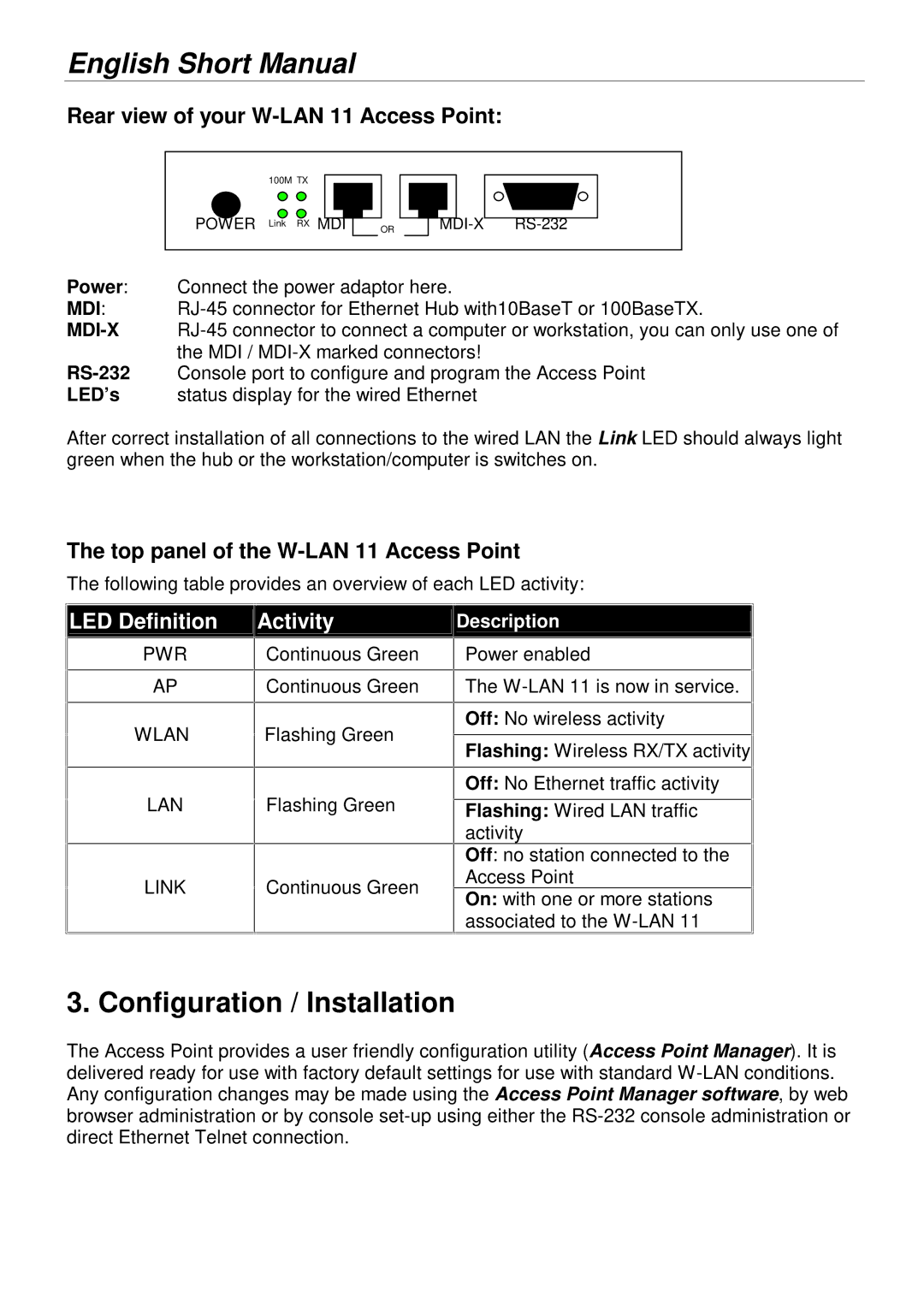 Lindy 52022 Configuration / Installation, Rear view of your W-LAN 11 Access Point, Top panel of the W-LAN 11 Access Point 