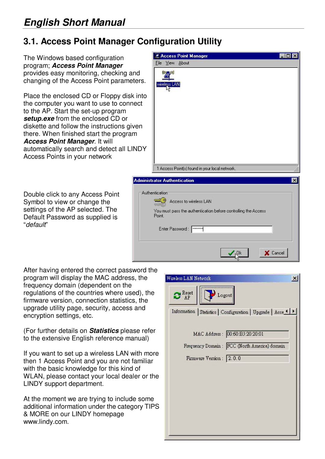 Lindy 52020, 52022 manual Access Point Manager Configuration Utility 