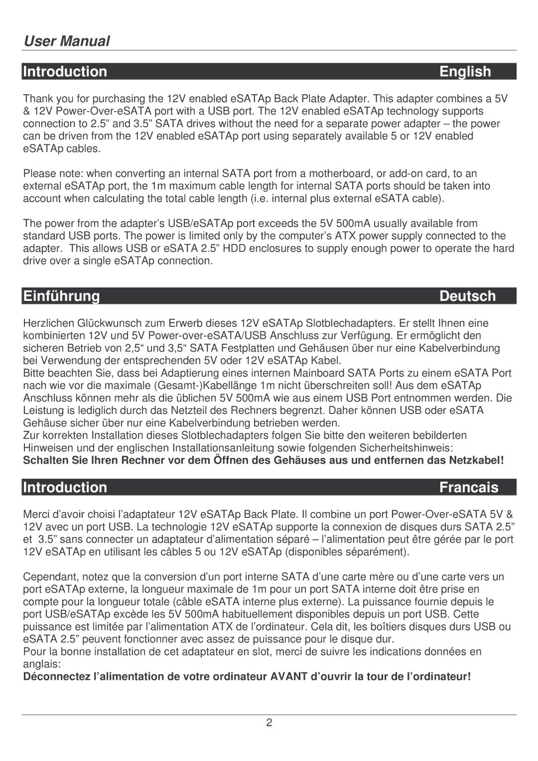 Lindy 70534, 70539 user manual Introduction English, Einführung Deutsch, Introduction Francais 