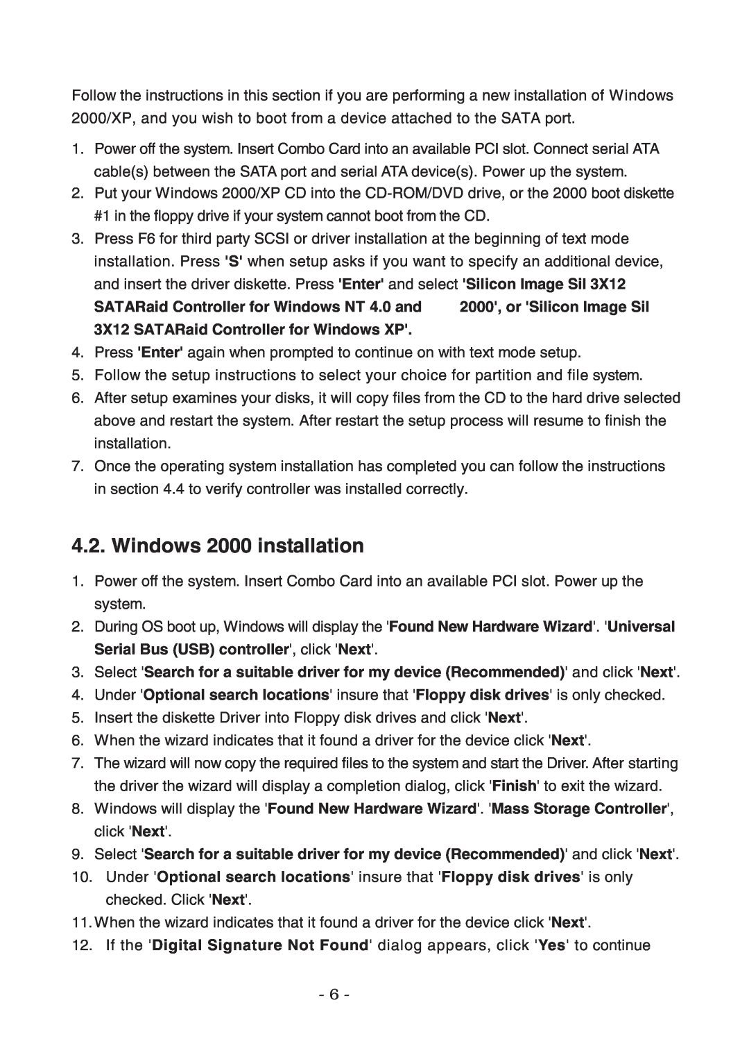 Lindy 70536 user manual Windows 2000 installation, SATARaid Controller for Windows NT 4.0 and, 2000, or Silicon Image SiI 