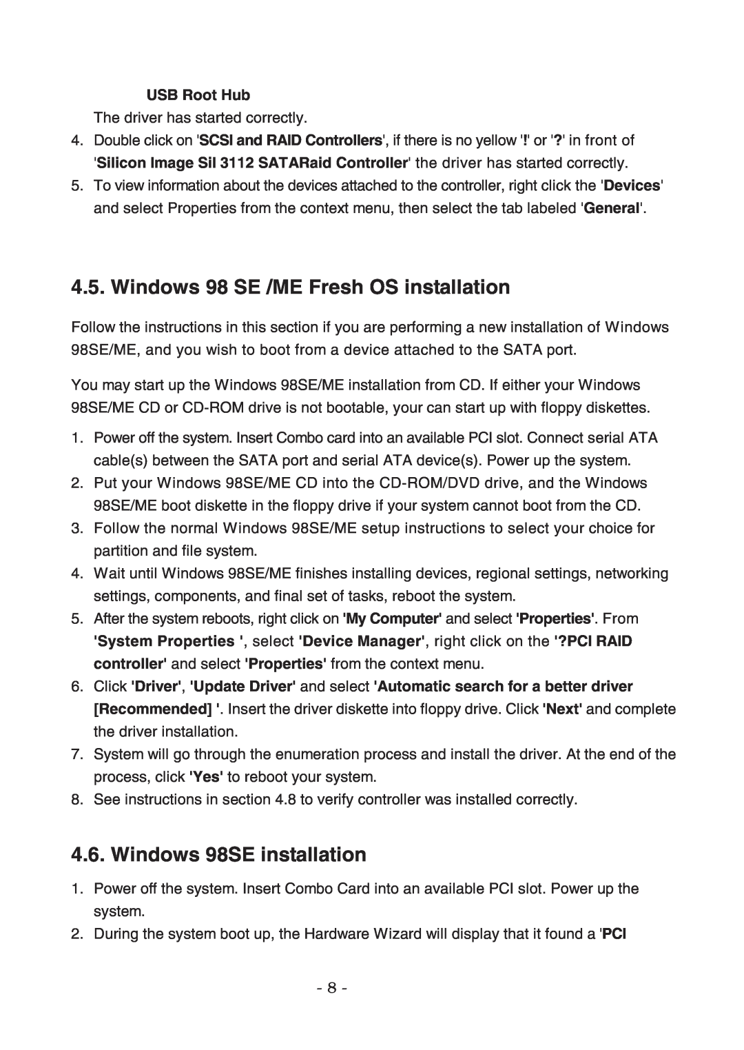 Lindy 70536 user manual Windows 98 SE /ME Fresh OS installation, Windows 98SE installation, USB Root Hub 