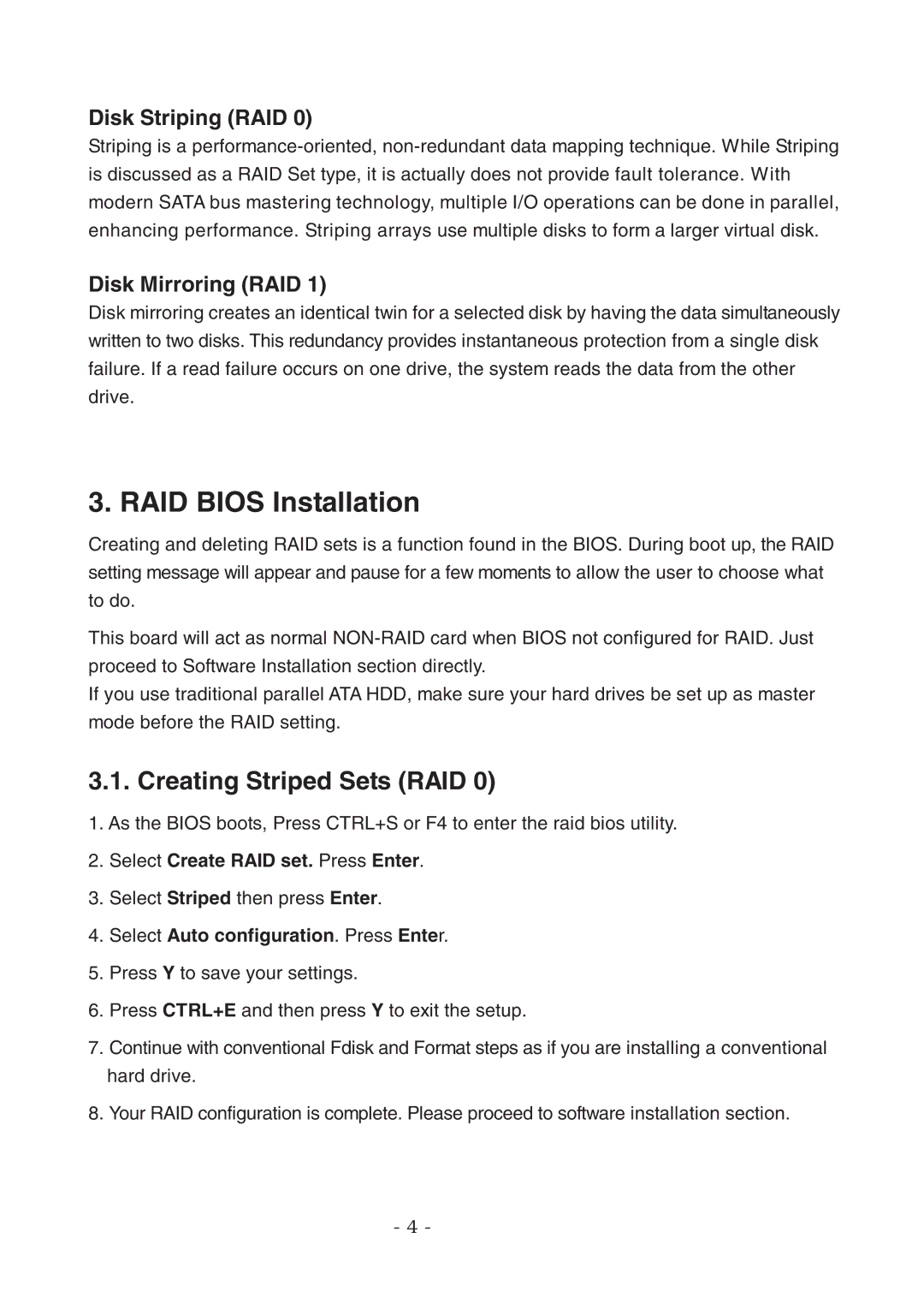 Lindy 70538 user manual RAID Bios Installation, Creating Striped Sets RAID, Disk Striping RAID, Disk Mirroring RAID 