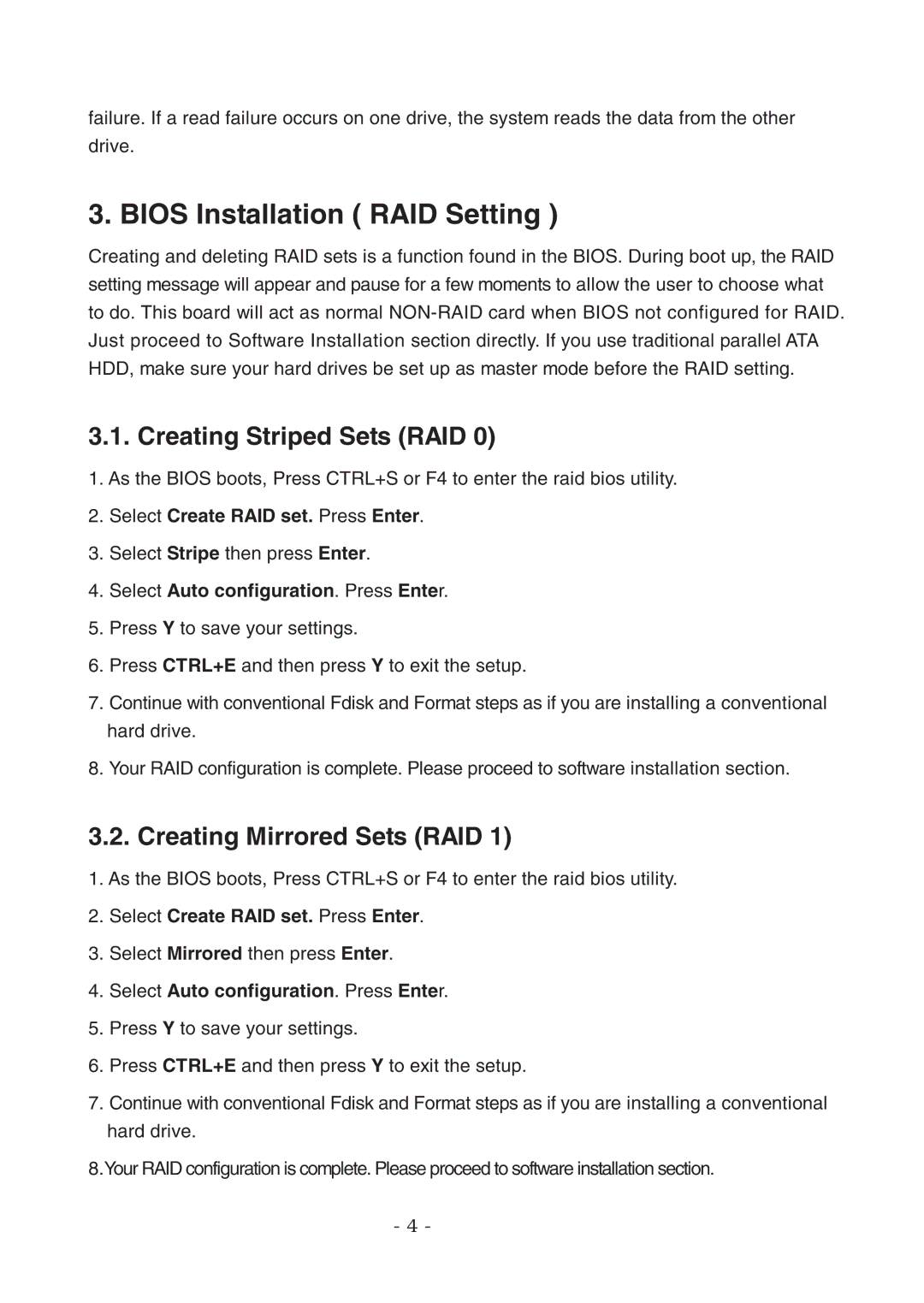 Lindy 70540 user manual Bios Installation RAID Setting, Creating Striped Sets RAID, Creating Mirrored Sets RAID 