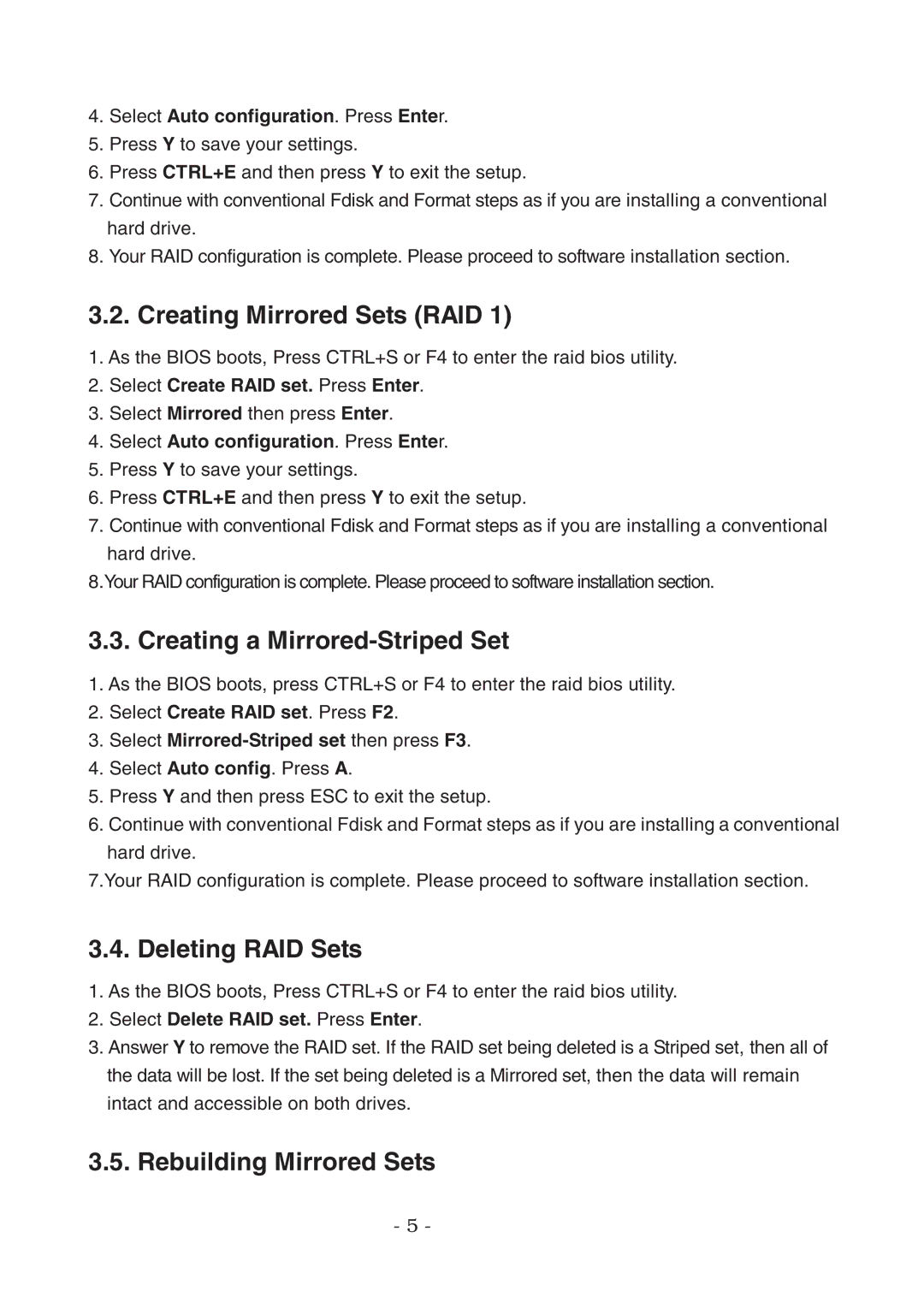 Lindy 70541 Creating Mirrored Sets RAID, Creating a Mirrored-Striped Set, Deleting RAID Sets, Rebuilding Mirrored Sets 