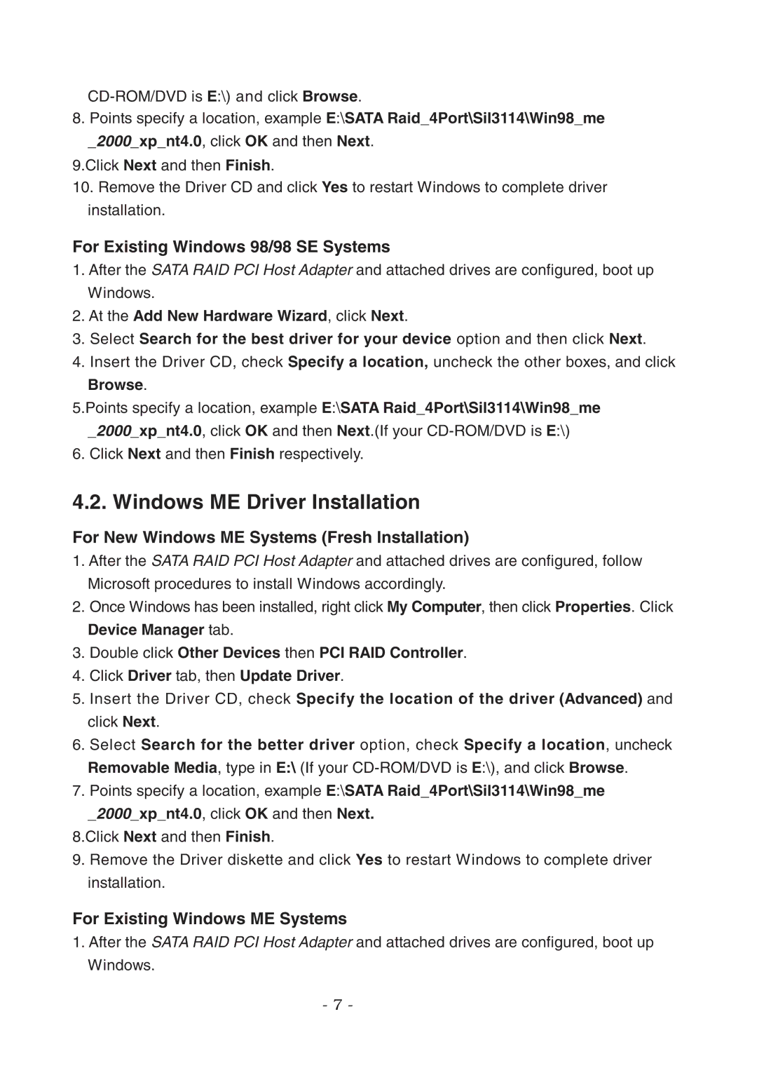 Lindy 70541 Windows ME Driver Installation, For Existing Windows 98/98 SE Systems, For Existing Windows ME Systems, Browse 