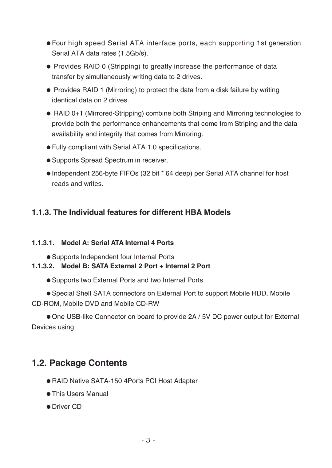 Lindy 70541, 70542 Package Contents, Individual features for different HBA Models, Model a Serial ATA Internal 4 Ports 