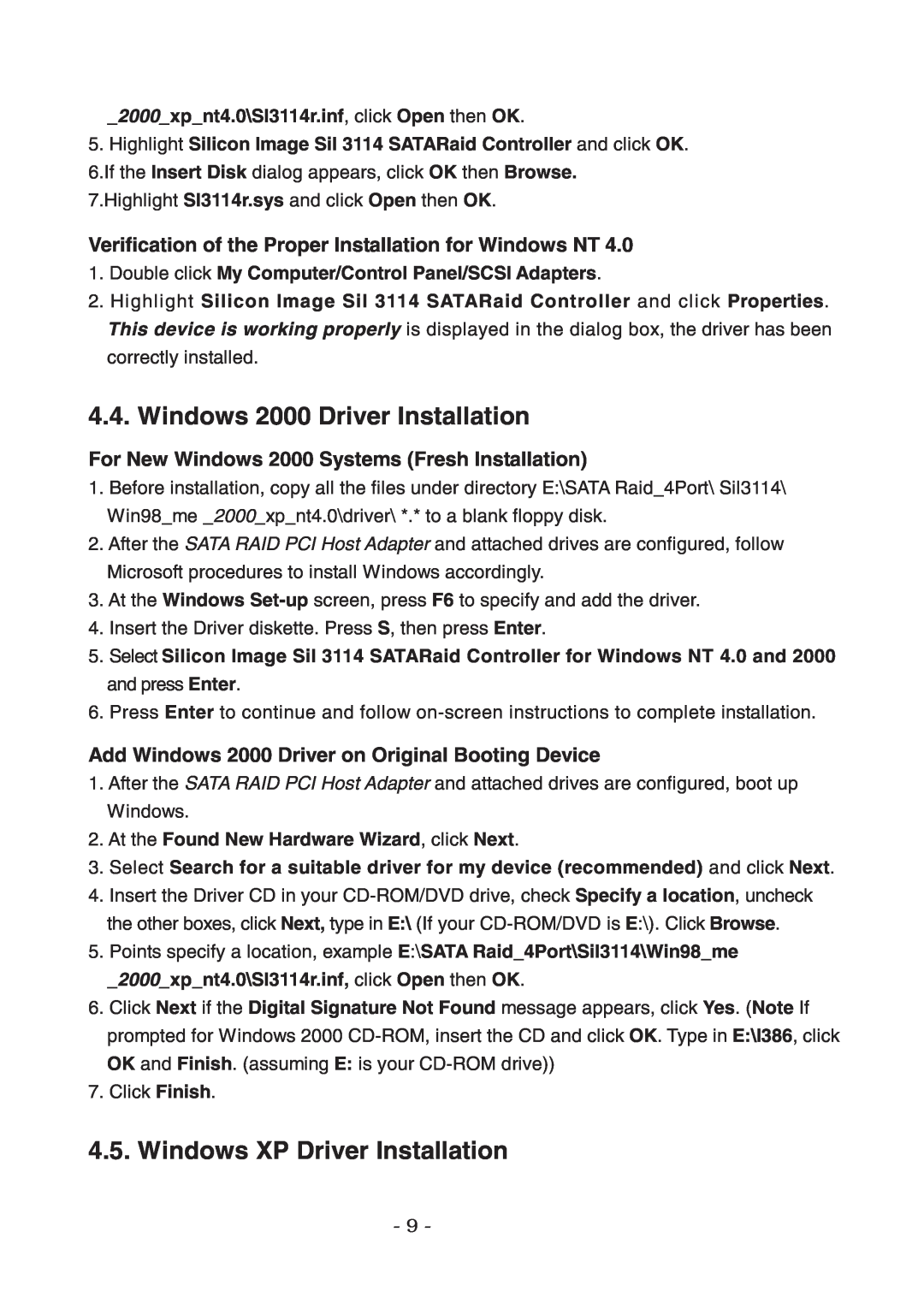 Lindy 70541 Windows 2000 Driver Installation, Windows XP Driver Installation, 2000xpnt4.0\Sl3114r.inf, click Open then OK 