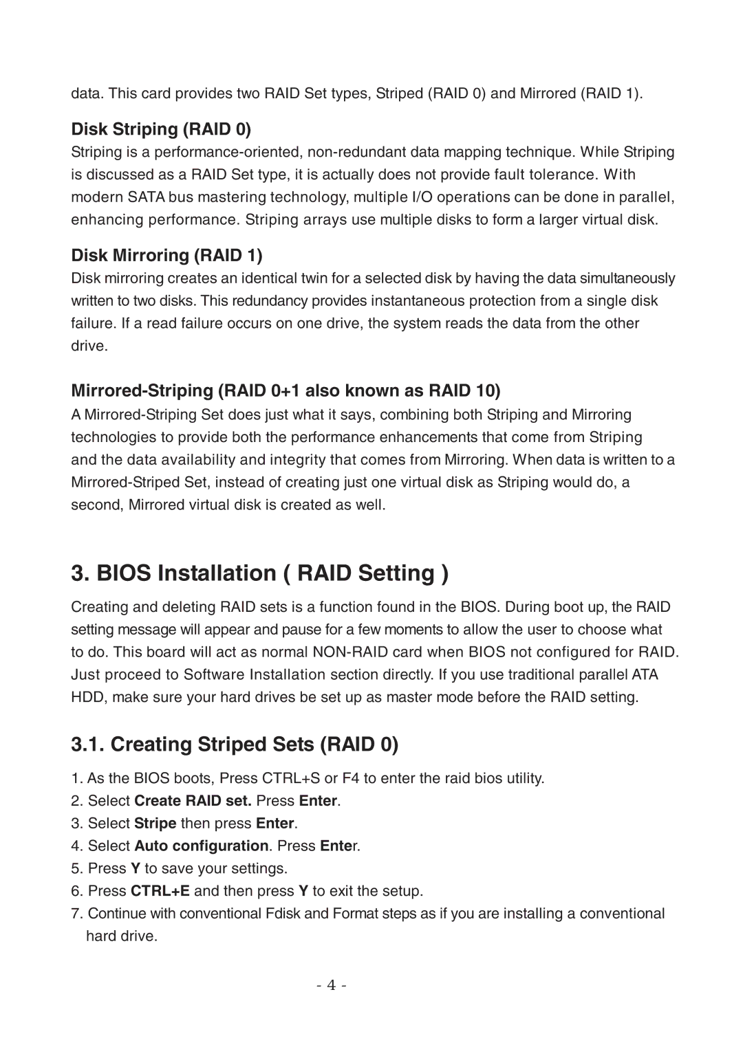 Lindy 70548 user manual Bios Installation RAID Setting, Creating Striped Sets RAID, Disk Striping RAID, Disk Mirroring RAID 