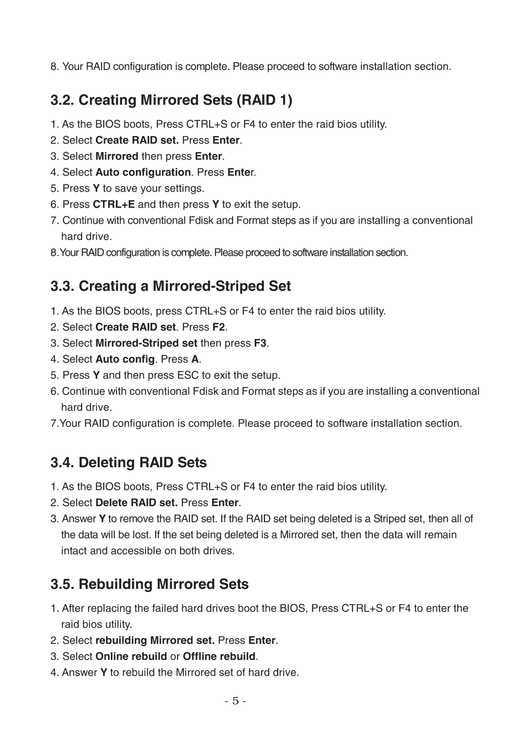 Lindy 70548 Creating Mirrored Sets RAID, Creating a Mirrored-Striped Set, Deleting RAID Sets, Rebuilding Mirrored Sets 